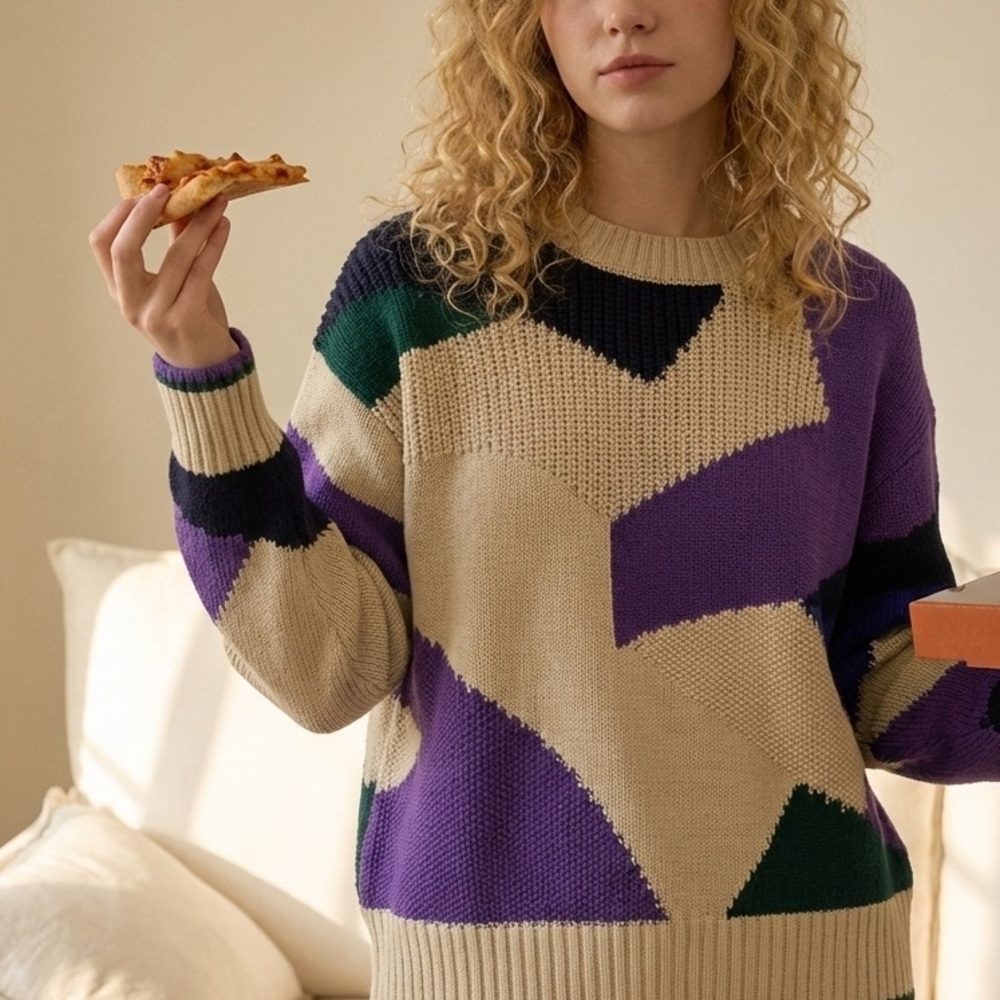 Oysho Geometric Colorblock Knit Sweater – Purple/Green/Navy/Cream – Size L